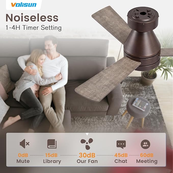 VOLISUN Ceiling Fans with Lights Flush Mount, 42 inch Low Profile Ceiling Fan with Light and Remote, Queit & Reversible Motor,3CCT, Dimmable, Brown Modern Ceilings Fans for Bedroom, Living Room