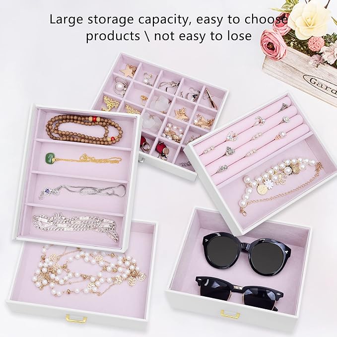 AKOZLIN 6-Tier Jewelry Box Organizer Functional 5 Drawers Leather Jewelry Storage Case for Women Girls Ring Necklace Earring Bracelet Holder Organizer with Mirror Extra Large White