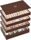 Voova Stackable Jewelry Organizer Tray with Lid, PU Leather Jewelry Storage Holder for Drawer Inserts, Jewellery Display Box Case for Earring Necklace Ring Watch Bracelet (Set of 4, Caramel Brown)