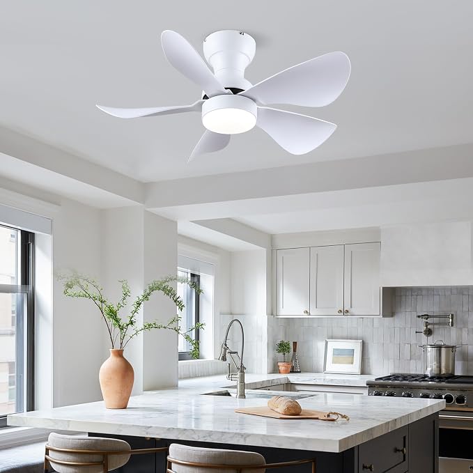 Kviflon 30 Inch Ceiling Fans with Lights and Remote Control, Flush Mount Ceiling Fans with 5 Reversible Curved Blades, 3 Colors Dimmable 6 Speeds Ceiling Fan for Bedroom Kitchen Dining Room, White