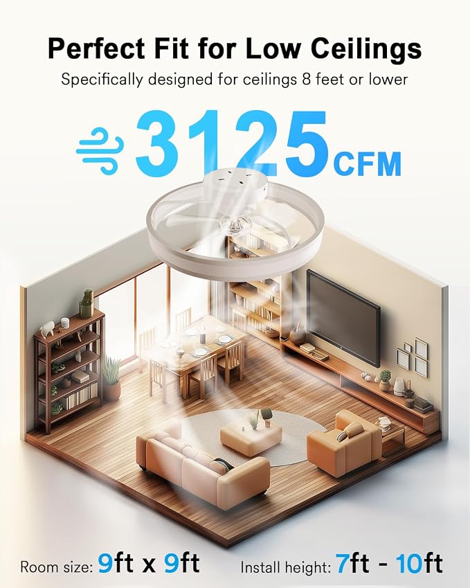 Lumary Smart WiFi Ceiling Fans with Lights, RGBAI Flush Mount Ceiling Fans with Lights and Remote, Dual Lighting Mode Modern LED Low Profile Ceiling Fan for Bedroom Works with Alexa Google, 20in White | 4500 lumens CCT light, RGBAI lighting, Alexa/Goog...