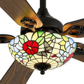 52" Tiffany Style Ceiling Fans with Lights, Vintage Chandelier Ceiling Fan with Stained Glass Shade, Dimmable LED, 6 Speeds Reversible for Bedroom (Butterfly Garden)