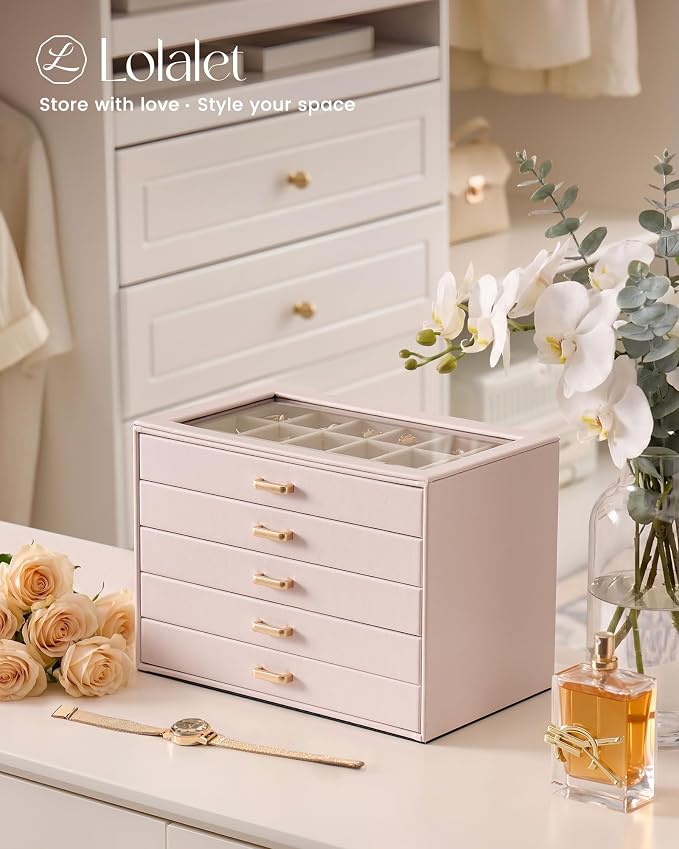 Lolalet Earring Organizer, Jewelry Box with Clear Lid -Pink, 5 Layer | PU Leather, Velvet, Removable Dividers, Dustproof, Easy Clean, For Studs Rings, Gift for Women Girls, Home Aesthetic Decor
