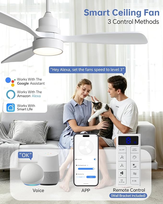 Sofucor 48 Inch Smart Ceiling Fans with Lights for APP/Remote/Voice Control | Flush&Downrod Mount, White Wood Blade,1/4/8 H Timer, 3CCT Dimmable 6 Speed, Quiet DC Motor, Outdoor Bedroom/Living Room/Patio