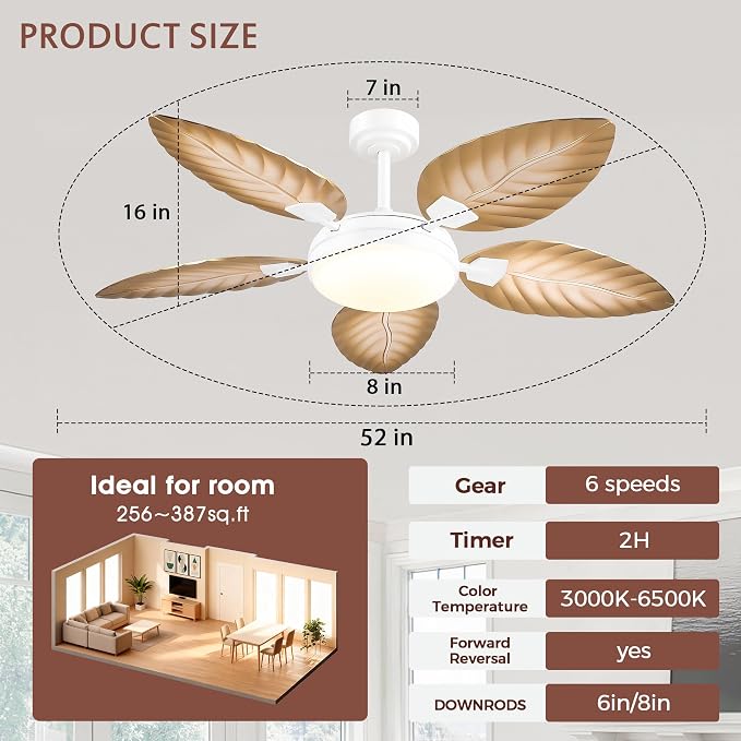 GJeg Tropical Ceiling Fans with Lights and Remote,52Inch Outdoor Palm Leaf Ceiling Fan for Patios Porch Bedroom, Dimmable LED Light, 6 Speeds, Reversible,Light Brown