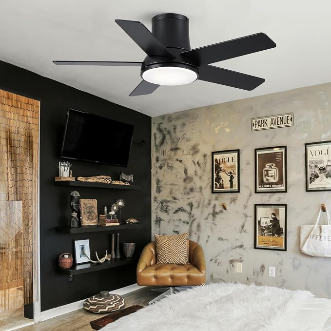 42 Inch Pro Balck Flush Mount Ceiling Fans with Lights and Remote | 3CCT Dimmable LED, 6 Speed, Quiet DC Motor, 3-Level Timer Function, Forward/Reserve For all Seasons, Indoor/Covered Outdoor