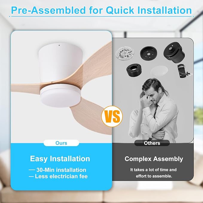 Depuley Flush Mount Ceiling Fan: 52-Inch White Ceiling Fans with Lights for Bedroom Indoor Outdoor - Low Profile Ceiling Fans with Remote Control 24W 3CCT Dimmable 3 Reversible Wood Blades 6 Speeds