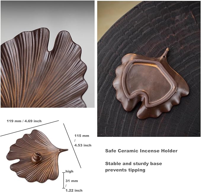 Ceramic Incense Holder, Incense Burner Tray for Sticks,Coil,Cone,Handcrafted Burner Ash Catcher for Yoga Meditation Energy Cleansing Room Décor(Brown, Ginkgo Leaf & Gourd)
