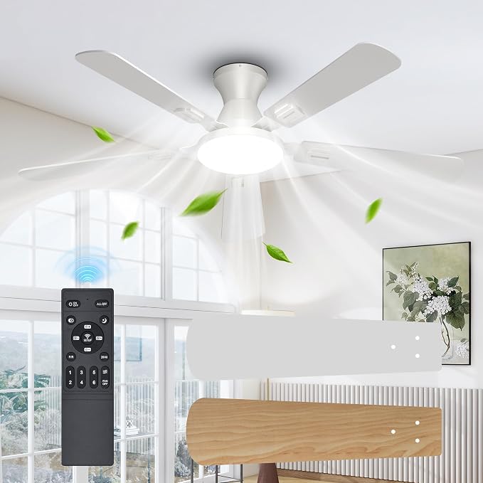 UME 52" Ceiling Fan with Lights & Remote, 6 Blades Low Profile Ceiling Fan, Quiet DC Motor, Natural Wind, 6 Speeds, 3CCT Dimmable 20W LED Modern Ceiling Fan for Bedroom, Living Room, White