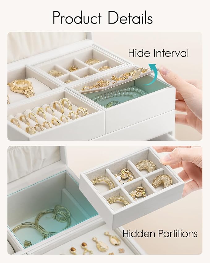 VLANDO 4 Layers Jewelry Box - Women Jewelry Box with Retractable Tray - Jewelry Organizer with Drawer for Necklaces, Rings, Bracelets, Earrings, Gift for Couples Mom Girls - White