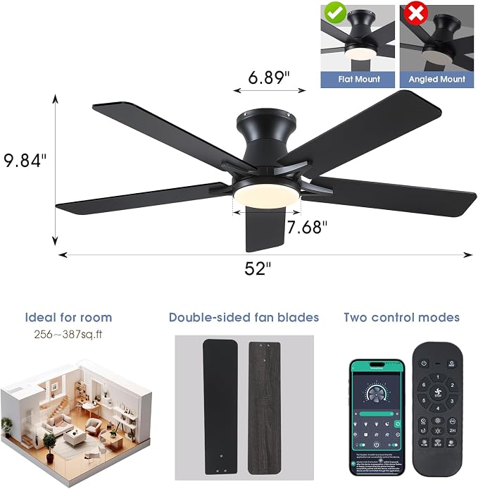 52"Modern Black Low Profile Flush Mount Ceiling Fans with Light and Remote | Supports Remote and APP, 6 Wind Speeds, Reversible, Dimmable 3 Light Colors LED Light, Noiseless 30W DC Motor,2H Timer