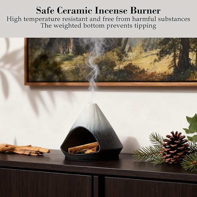 Incense Burner Holder for Palo Santo Sticks,Sage,Cone,Mountain-Inspired Handcrafted Ceramic Ash Catcher Smudge Bowl for Yoga Meditation Energy Cleansing Room Décor,Black