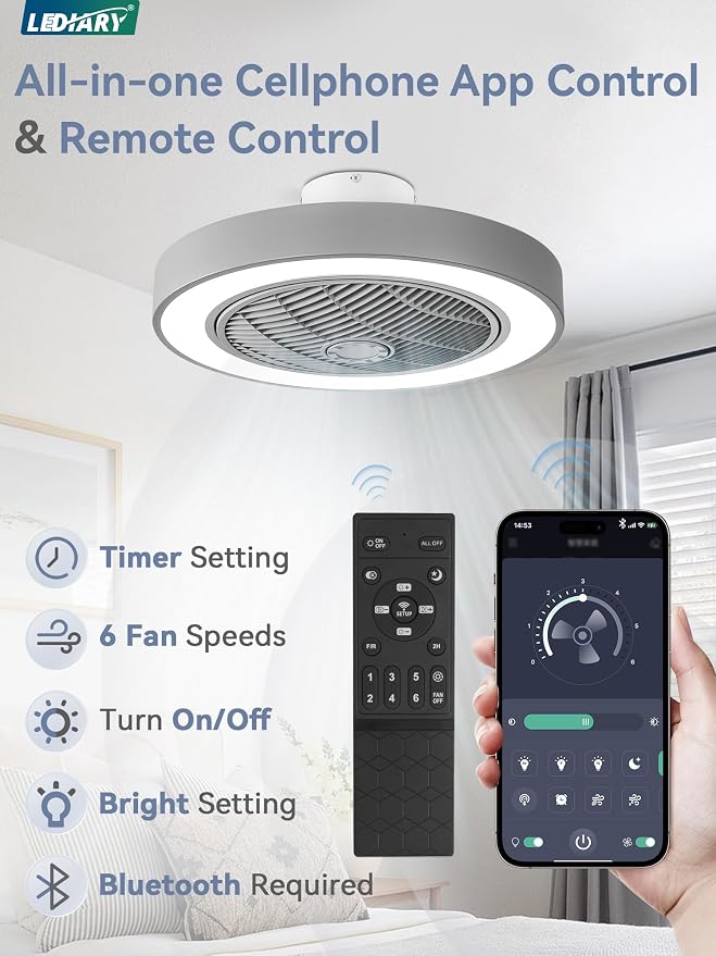 LEDIARY 22in Enclosed Ceiling Fan with Light and Remote, Grey Modern Bladeless Ceiling Fan with Bright Light, Led Flush Mount Ceiling Fans for Bedroom, Living Room, Kid Room(6 Speeds, 3000-6000K)