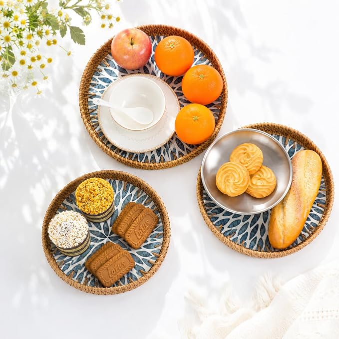 Round Rattan Tray with Mother of Pearl Inlay, Set of 3 Serving Trays for Coffee Table, Decorative Wicker Woven Ottoman Tray for Table Home Decor, Kitchen, Coffee, Bread, Fruits