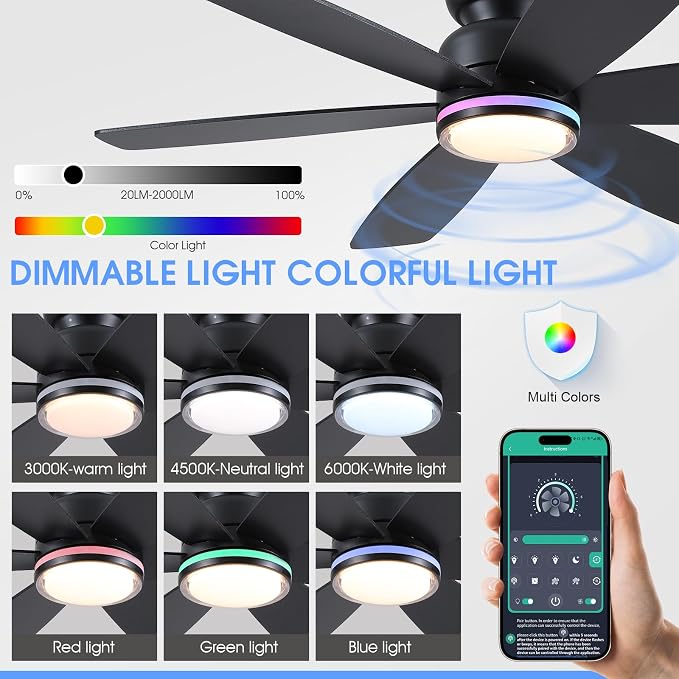 Kviflon 46" Ceiling Fans with RGB Lights, Low Profile Ceiling Fan with Remote/APP Control, Flush Mount, Double-Sided 6 Reversible Blades, RGB+3CCT Dimmable Lights, Double Lampshade for Bedroom, Black
