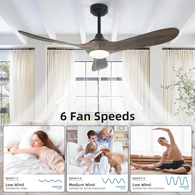 52” Outdoor Ceiling Fan with Light, Compatible with Alexa/Google, 3 Walnut Solid Wood Blade, Noiseless Reversible Dc Motor, Smart Outdoor Wood Ceiling Fan for Farmhouse Patios, Dark Brown