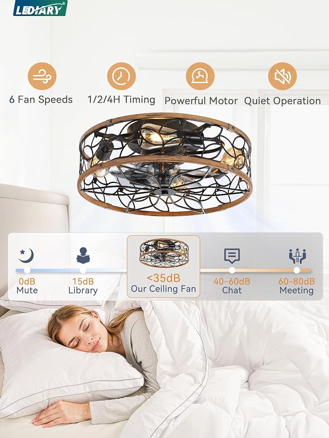 LEDIARY Caged Ceiling Fans with Lights, Farmhouse Flush Mount Ceiling Fan with Remote&App, Black&Walnut Low Profile Ceiling Fan Light Fixture for Bedroom, Kitchen, Dining Room.