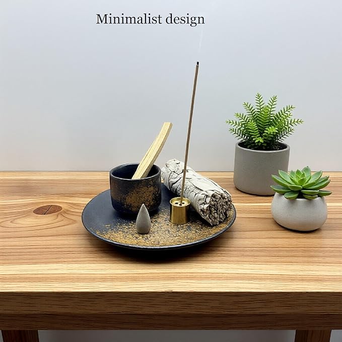 3 in 1 Incense and Candle Holder, Ceramic Palo Santo Burner Sage Burner, Multi Holes Brass Incense Stick Holder, 5.9” Ceramic Ash Catcher Tray, Incense Burner Set for Meditation