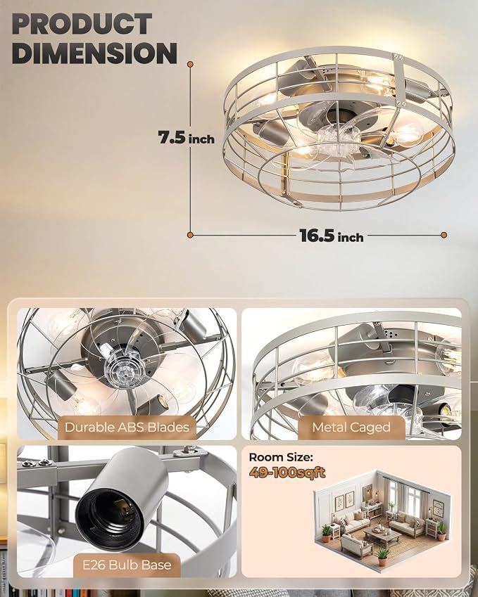 16 Inch Caged Ceiling Fan with Light, Farmhouse Round Flush Mount Fan Lights Ceiling Fixtures, Need Assembly, E26 Base 6 Speeds Reversible Motor Bladeless Ceiling Fans for Bedroom, Living Room, Silver