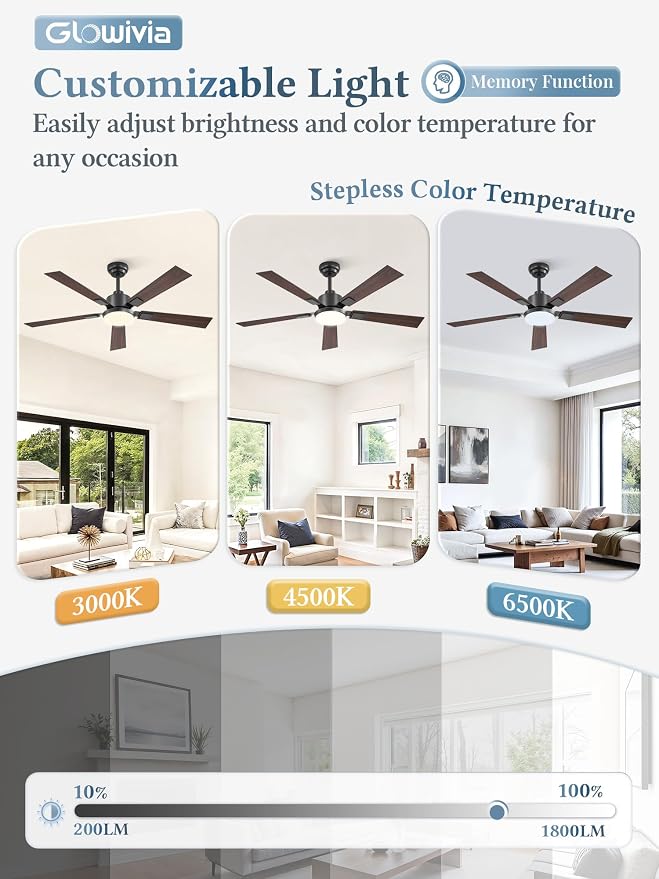 52 Inch Ceiling Fans with Lights and Remote&APP Control, Black Smart Ceiling Fan with 3000-6000K Dimmable, 6 Speeds Quiet Reversible Motor, Indoor/Outdoor Ceiling Fan for Bedroom Living Room