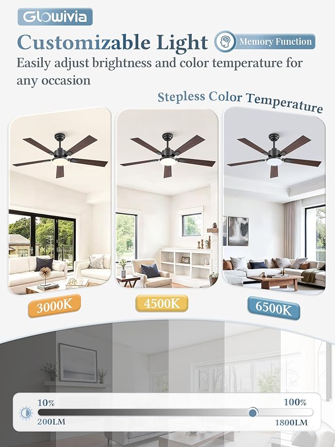 2 Pack 52 Inch Ceiling Fans with Lights and Remote&APP Control, Black Smart Ceiling Fan with 3000-6000K Dimmable, 6 Speeds Reversible, Indoor/Outdoor Ceiling Fan for Bedroom Living Room