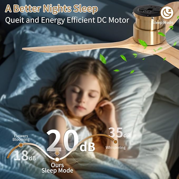 52inch Ceiling Fan with Lights,Wood Low Profile Ceiling Fans with Remote Control,Dimmable Light,3 CCT,6 Speeds,Noiseless DC Motor,Ceiling Fan for Bedroom,Living Room,Office,Indoor,Natural Wood Grain