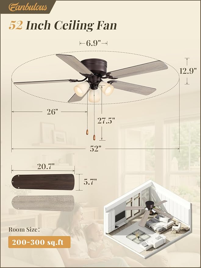 Fanbulous 52" Flush Mount Ceiling Fan with 3 Lights, DC Motor, Oil Bronze | 6-Speed Timer, Shatterproof PP Shades, Remote & Pull Chain Control, Vintage for Bedroom, Living Room, Dining Room