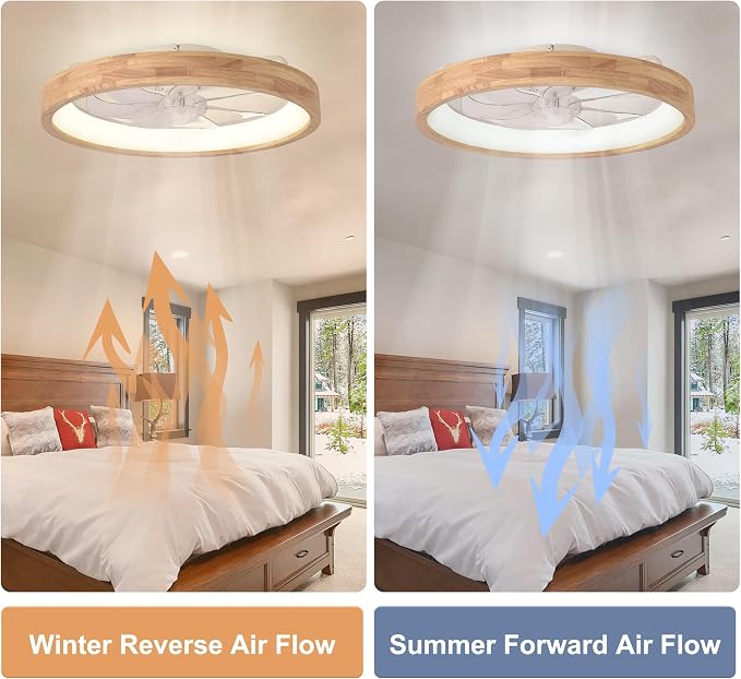 24" Solid Wood Low Profile Ceiling Fan with Light and Remote/APP | Reversible Quiet DC Flush Mount Fan Light,6 Speed Dimmable 3 Color Temperature for Bedroom Kidsroom Dining Room