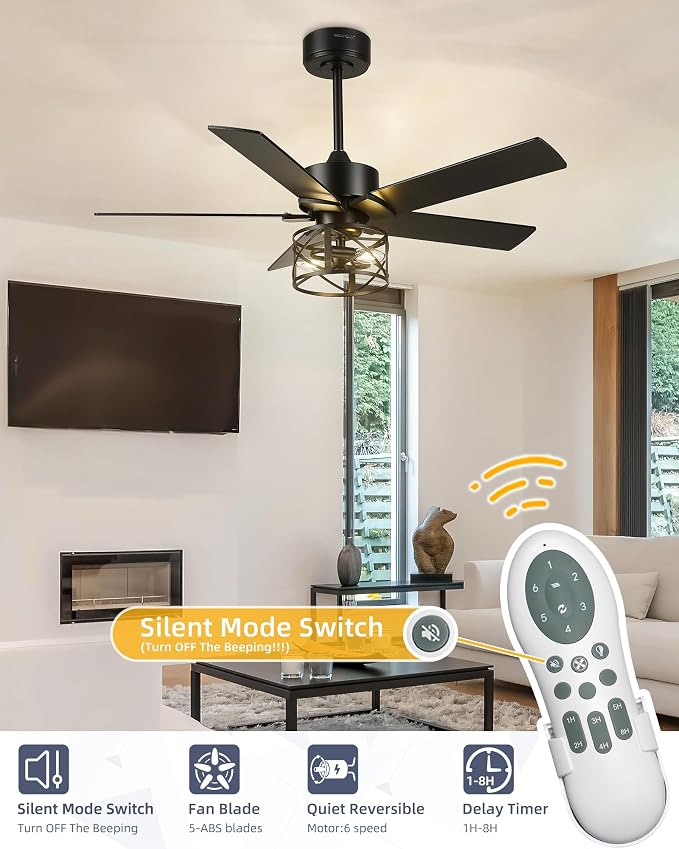 YOUKAIN 42 Inch Ceiling Fan with Lights and Remote, DC Motor 35dB Quiet, Black Farmhouse Ceiling Fan with 5 Reversible Blades for Small Room Bedroom, 42-YJ632-BKW