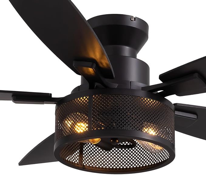 LuminFan Flush Mount Ceiling Fans with Lights and Remote Control, Low Profile Farmhouse Ceiling Fan with LED Lighting for Bedroom Living Room and Patio, Black Caged Ceiling Fan for Indoor and Outdoor