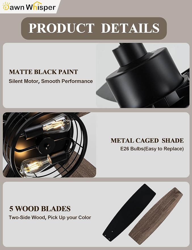 Dawn Whisper 52 Inch Farmhouse Ceiling Fans with Lights and Remote Quiet and Reversible DC Motor Black Industrial Rustic Caged Ceiling Fan for Bedroom Living Room Covered Patio