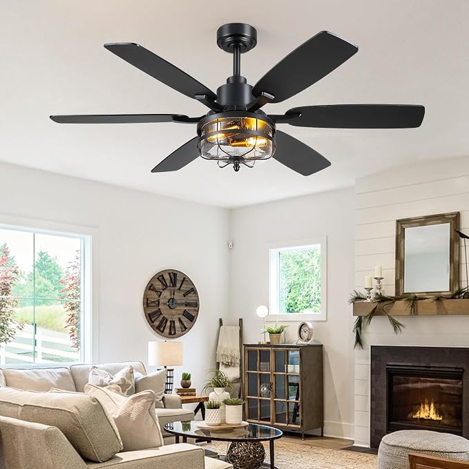 Hounberi 52" Farmhouse Ceiling Fan with Light and Remote, Black Industrial Caged Ceiling with Seeded Glass, 6-Speed Reversible DC Motor, Dual Finish 6 Blades, Black Ceiling Fan for Living Room Bedroom