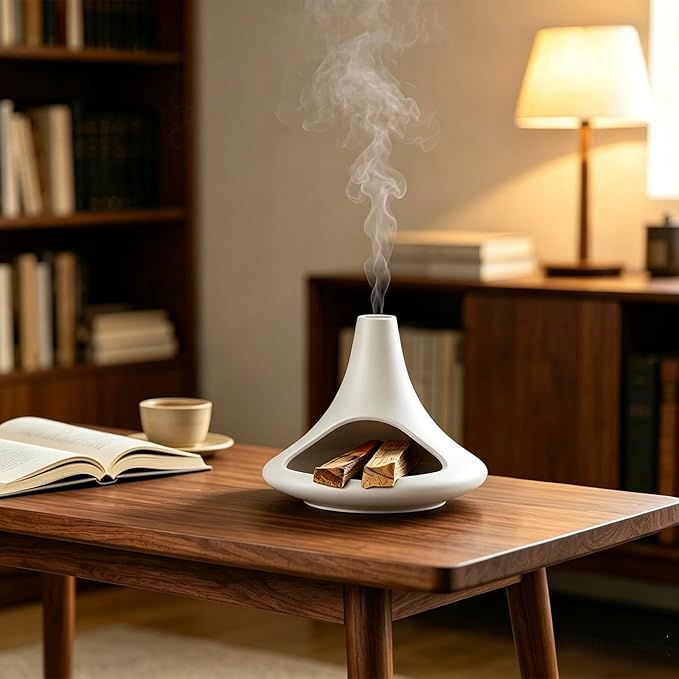 Palo Santo Holder Ceramic Burner, Mini Chiminea Smudge Bowl with Ash Catcher for Palo Santo Sticks, Incense Cones & Candles, Minimalist for Meditation, Yoga, Cleansing Ceremony, Handmade (Matte White)