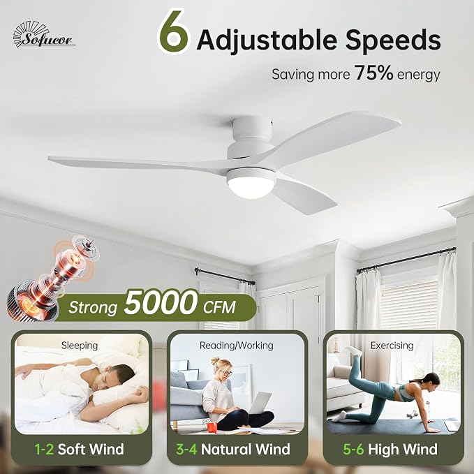 Sofucor 52" Solid Wood Ceiling Fan Lights, Flush Mount & Downrod Mount Ceiling Fan with Lights and Remote, Wood Blades Modern Outdoor Ceiling Fans for Bedroom/Farmhouse/Patio/Indoor