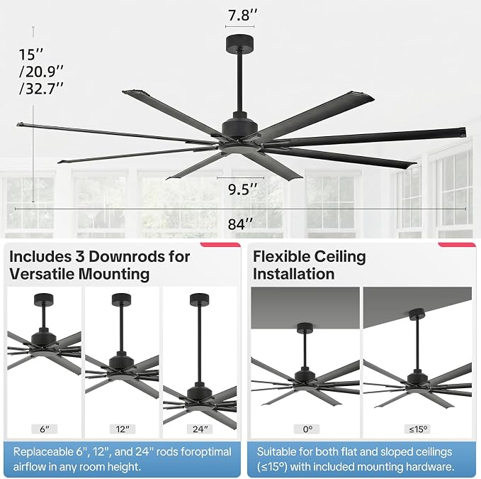 84 Inch Ceiling Fan No Light, Large Outdoor Ceiling Fans with 6 Speed Remote Control, 3 Downrods, DC Reversible Motor, 8 Blades Industrial Ceiling Fan for Big Rooms,Garage,Patio,Shop,Warehouse, Black
