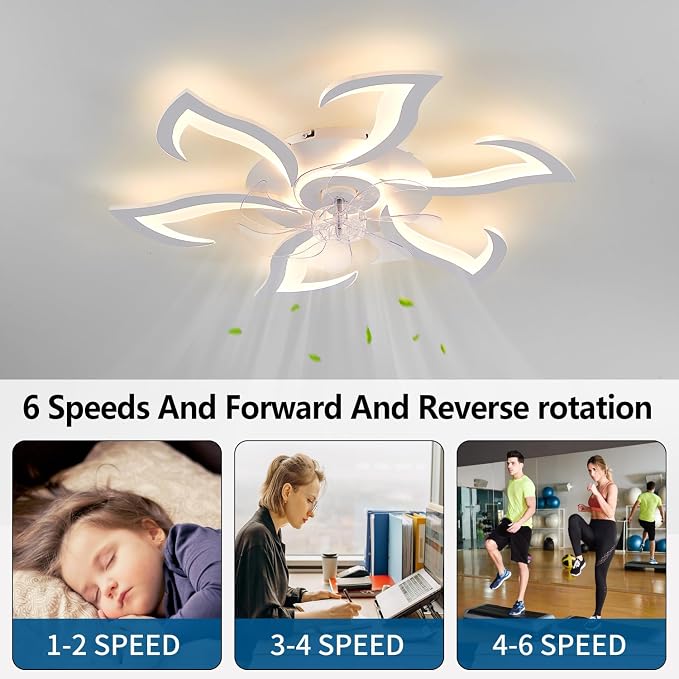 White Flower Modern CeilingFans with Lights, Low Profile Ceiling Fan with Remote for bedroom, 32inch Flush Mount Ceiling Fan with LED Dimmable Light,3-Colors, 6-Speeds, Timing Ceiling Fan Light