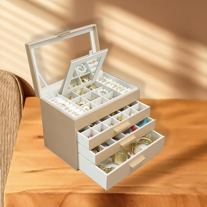 BOOVO Jewelry Boxes for Women, White and Black 6 Layer Large Jewelry Box for Necklace, Bracelet, Earrings, Rings Storage, Jewelry holder Organizer for Girls Gift (Gold, 4 layer)