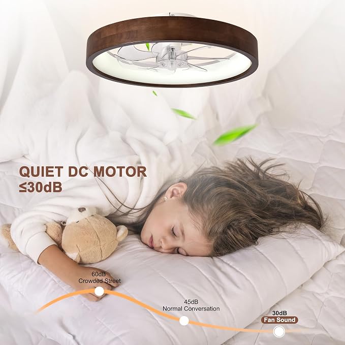 20” Modern Dark Wooden Flush Mount Low Profile Ceiling Fans with Lights | 3 Color Dimmable LED,6 Speeds,Reversible DC Motor Ceiling Fan with Light and Remote for Bedroom/Kidsroom/Dinng Room