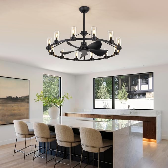 44" Wagon Wheel Chandelier Ceiling Fans with Lights and Remote with APP, 12-Lights Farmhouse Fandelier Fans with Glass Shade, Black Industrial Lighting Fixture for Dining Living Room, Kitchen Island