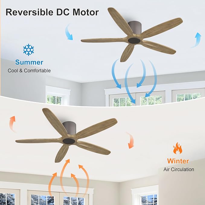WINGBO 54" Flush Mount Ceiling Fan No Light - 5 Carved Solid Wood Blades, 6-Speed Reversible DC Motor, Dimmable, 3CCT, Low Profile Ceiling Fans without Lights for Bedroom Living Room, Charcoal Gray
