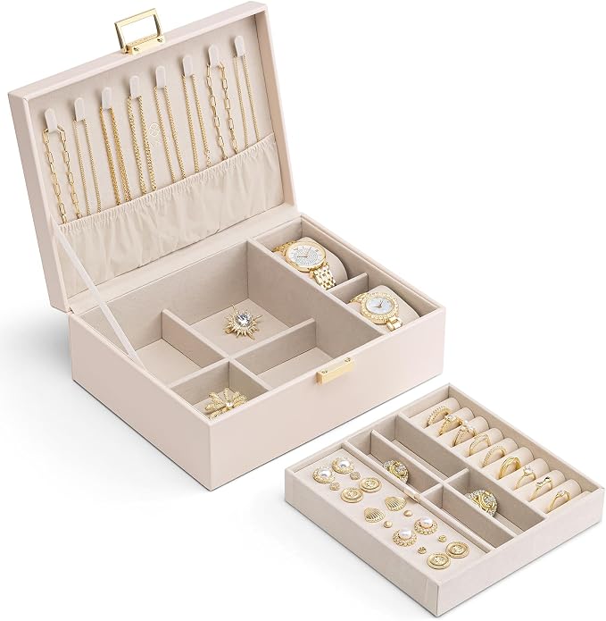 VLANDO 2 Layer Jewelry Boxes Large Jewelry Organizer for Women Removable Jewelery Tray for Watch Necklace Earrings Rings Bracelets Mothers Gifts Mom Gifts(Apricot White)