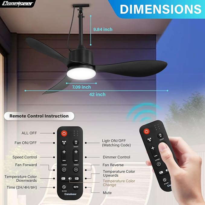 Conciseer 42 Inch Outdoor Ceiling Fan with Lights and Remote, Waterproof，6 Speed Quiet DC Motor