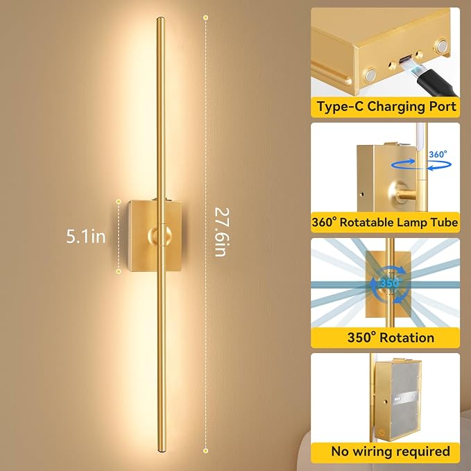 Ouyulong Battery Operated Wall Sconces Set of 2, 10000mAh Wireless Rechargeable 3000-6000K Dimmable 350° Rotate Wall Light with Remote for Living Room, Bedroom 27.6in Gold