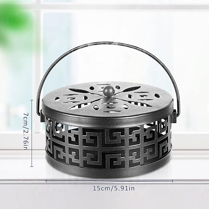 Exquisite Metal Mosquito Coil Holder Long-Lasting Coil Incense Burner for Indoor and Outdoor (Black)