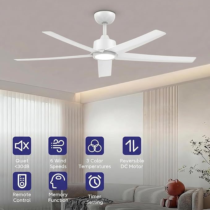 ocioc 2 Pack 52 inch Ceiling Fans with Lights and Remote Control, Ultra Quiet DC Motor, 3 Color Temperatures Modern Ceiling Fan for Bedroom Patio Indoor Covered Outdoor White