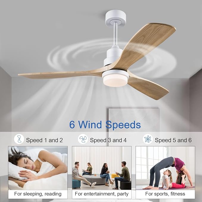 52 Inch Solid Wood Ceiling Fans with Lights, White Modern Ceiling Fan Light with Remote Silent Reversible DC Motor, Dimmable Led Home Decor Fan for Bedroom Living Room Patio
