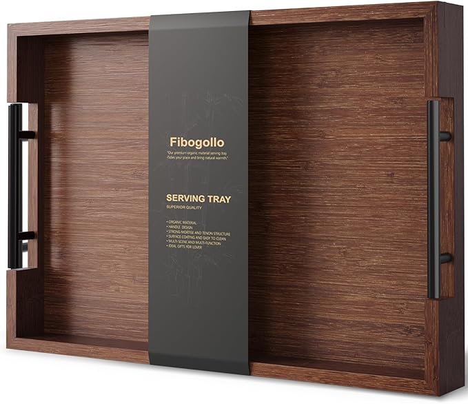Fibogollo Bamboo Serving Tray with Metal Handles,17x12in Ottoman Decorative Trays Platter for Coffee Table,Living Room,Bar,Party,Large(Brown)