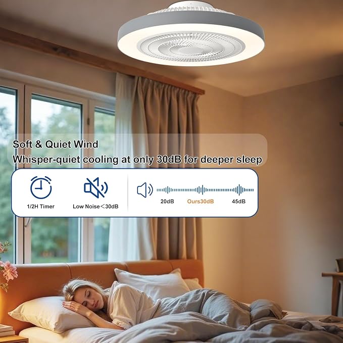 Depuley LED Ceiling Fan with Light: 19" Modern Flush Mount Low Profile Ceiling Fans with Remote & Smart APP Control - Grey Bladeless Fandelier Dimmable Quiet DC Motor for Bedroom Kids Room 6 Speeds