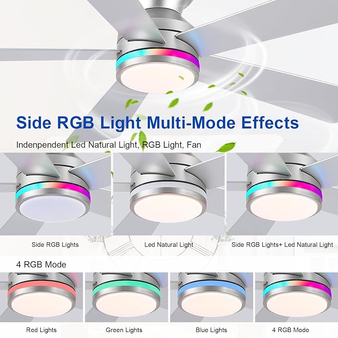 RGB Ceiling Fans with Lights, 46" Flush Mount Ceiling Fan with Remote APP, RGB+3CCT Dimmable Led Light, Reversible 6 Wind Speeds&2H Timer, Low Profile Modern Fan Light Fixture for Bedroom Party Silver