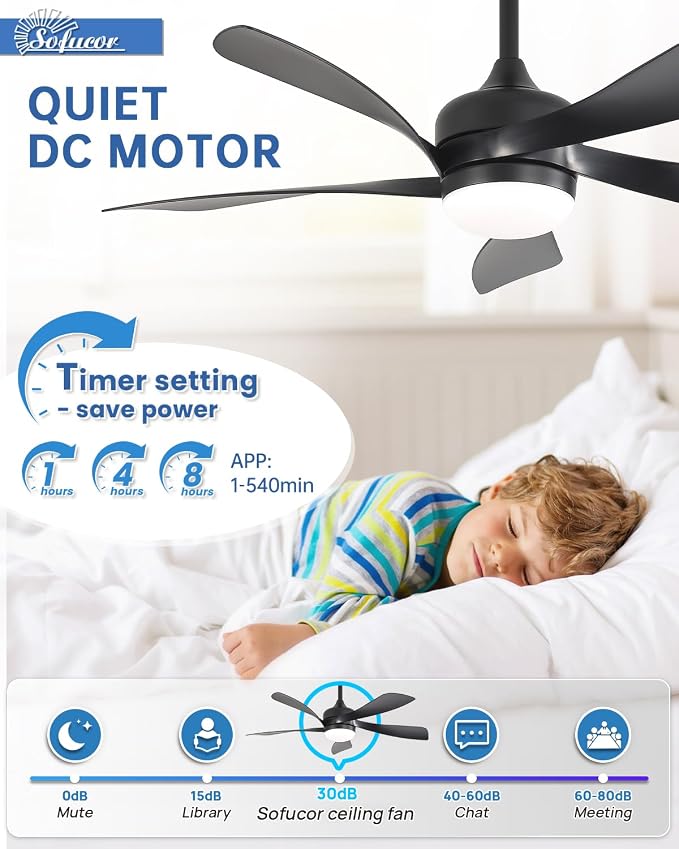 Sofucor 42" Smart Ceiling Fan, Indoor/Outdoor Black Ceiling Fans with Lights and Remote, Works with Alexa/Google/App, 3-Color Light 6-Speed Timing Reversible DC Motor for Bedroom Living Room Patio